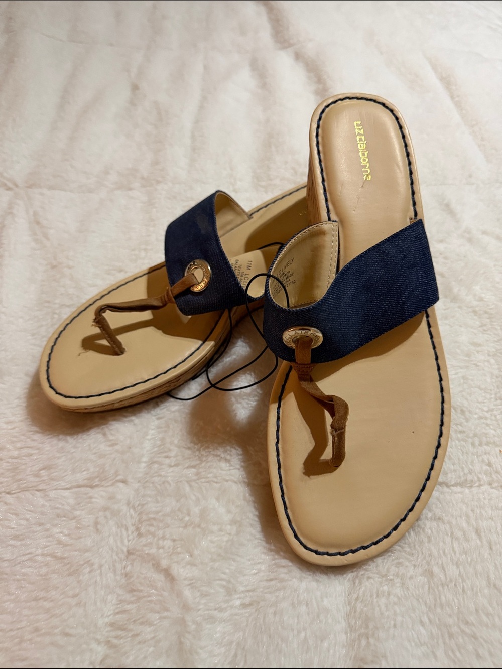 Liz Claiborne Navy and Tan Toe-Post Slide Sandals